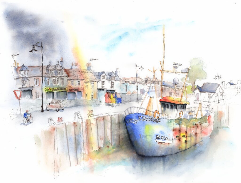 An artwork of Kirkcudbright harbour, Dumfries and Galloway