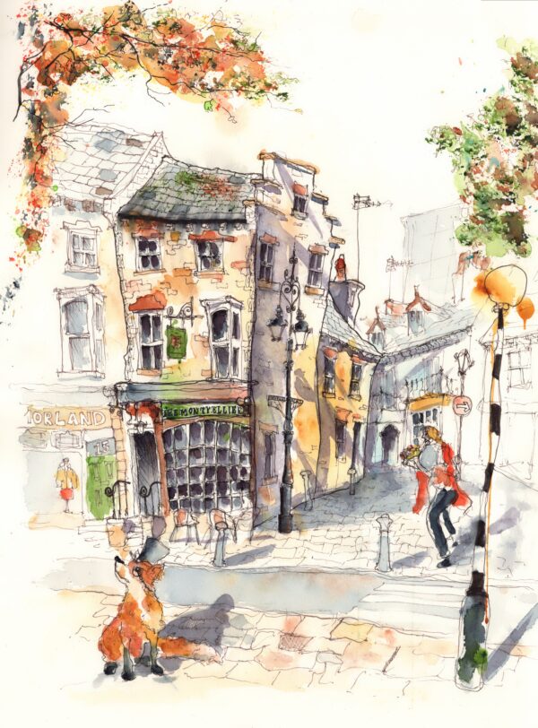 An artwork of Harrogate with a fox in a top hat